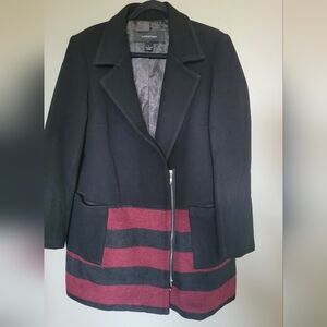 Lundstrom Women's Black and Burgundy Striped Wool Coat EUC 16